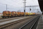 Zugschluss, bestehend aus neun SBB Spezialwagen Ucs für Staubgut, vom Güterzug Möhlin - RBL, der am 24. Januar 2019 mit der Re 421 393-0 geführt wurde.
Foto: Walter Ruetsch