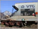www.vtg-railcom steht auf einem der Braunkohlestaubwagen, die zweimal pro Woche als Ganzzug die Holcim Zementwerke in Untervaz erreichen. (09.02.2007)