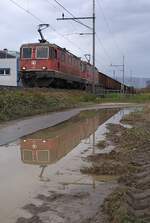 Schweizer Zucker AG, Zuckerfabrik Aarberg, Kampagne 2025: Re 4/4 II 11304 + Re 4/4 II 11300 + 29 Eaos/Eas, Zug 69446 Dietikon-Aarberg, Lyss, 15. November 2025. Im Zug laufen einige Leerwagen mit, die offenbar am Verladeort zum Belad nicht benöti ...