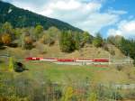 MGB FO-GLACIER-EXPRESS G 903 von Davos Platz nach Zermatt am 11.10.1996 kurz vor Lax mit FO-Zahnrad-E-Lok HGe 4/4II 103 - FO AS 4024 -  RhB B 2428 - FO AS 4022 - RhB B 2421.
