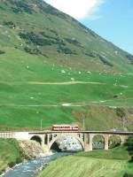 MGB FO-REGIONALZUG 441 von Andermatt nach Realp am 24.08.1997 auf Richleren-Viadukt mit Zahnrad-Triebwagen BDeh 2/4 45 solo.