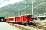 MGB FO-REGIONALZUG 344 fahrplanmig nur 2.Klasse von Andermatt nach Disentis am 25.08.1996 Ausfahrt Andermatt mit Zahnrad-E-Lok HGe 4/4I 33 - B 4256 - D 4343 - B 4252 - B 4251 - ABt 4151.