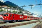 MGB FO-REGIONALZUG 359 von Disentis nach Andermatt am 02.09.1995 in Disentis mit Zahnrad-E-Lok HGe 4/4II 107 - ABt 4171 - ABt 4194 - RhB B 2216 - D 4342.
