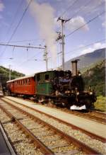 Dampfsonderfahrt der Matterhorn Gotthard Bahn (Meterspur-Adhsions-Zahnradbahn), Lok HG 2/3 7 Breithorn in der Station Grengiols 891m, am 8.