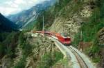 MGB BVZ 1.Klasse GLACIER-EXPRESS B 902 von Zermatt nach St.Moritz am 10.06.1995 auf Faulkinn-Brcke II und I mit Zahnrad-E-Lok HGe 4/4II 3 - FO AS - AS - FO AS.