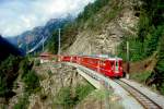 MGB BVZ SCHNELLZUG 100 GLACIER-EXPRESS A von Zermatt nach Disentis am 10.06.1995 auf Faulkinn-Brcke II + I mit Zahnrad-Doppeltriebwagen ABDeh 8/8 2041 - B 2274 - B 2272 - B 2264 - AS 2013.