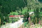 MGB BVZ GTERZUG 2171 von Visp nach Zermatt am 02.08.1994 auf Tschsand-Brcke mit Zahnrad-E-Lok HGe 5/5 II 3 - BR 4291 - Gak 2461 - Gakv 2444 - Gak 2564 - Gb 2421 - Uahv 2893.