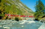 MGB BVZ PENDELZUG 15 von Zermatt nach Tsch am 12.10.1996 auf der Tschsand-Brcke mit BDTk 2232 - BDk 2236 - Zahnrad-Triebwagen BDeh 6/6 2031.