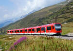 Regio R45 von Disentis nach Andermatt hat vor ein paar Minuten den h�chsten Punkt der Strecke (Oberalppass (2033 m�M) und f�hrt in Richtung Endbahnhof. Oberalppass, 7.8.2026