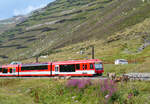 Die K�he haben kein Interesse am Regio R45 zwischen Oberalppass und N�tschen. Das Foto wurde vom Wanderweg aus aufgenommen. Oberalppass, 7.8.2026