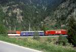 MGB exFO 1.Klasse-PANORAMA-GLACIE-EXPRESS B 902 von Zermatt nach St.Moritz am 24.05.1997 bei Grengiols Einfahrt Zahnstange mit E-Lok HGe 4/4II 107 - RhB WR 3811 - AS 4023 - BVZ AS 2011- AS 4027 - AS