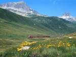 MGB FO-GLACIER-EXPRESS I 905 von St.Moritz nach Zermatt am 07.08.1992 bei Schni, kurz vor Ntschen mit FO-Zahnrad-E-Lok HGe 4/4II 105 - FO B - FO AB - FO A - RhB B - BVZ B - RhB A.