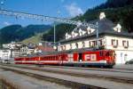 MGB FO-REGIONALZUG 327 von Disentis nach Gschenen am 02.08.1992 in Disentis mit ABt 4181 - B 4286 - B 4285 - Zahnradtriebwagen Deh 4/4II 96 schiebend. Hinweis: Fahrzeuge noch in alter Lackierung, Bahnhofsanlagen vor Umbau.
