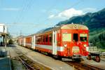 MGB FO-REGIONALZUG 171 von Disentis nach Dieni am 27.08.1997 in Disentis mit ABt 4181 - B 4284 - B 4283 - Zahnrad-Triebwagen Deh 4/4II 94. Hinweis: FO-Fahrzeuge noch in alter Lackierung, Bahnhofsanlagen vor Umbau.
