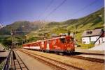 Wendezuge der Matterhorn-Gotthard-Bahn (Zusammenschlu aus Furka-Oberalp- und Brig-Visp-Zermatt-Bahn, Meterspur Adhsions- und Zahnradbahn), in der Station Realp 1538m, im Juli 2006.