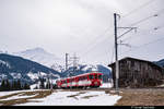 Deh 4/4 I der ehemaligen BVZ unterwegs mit dem Sportextrazug nach Disentis/Mustér. Aufgenommen am 17.02.2020