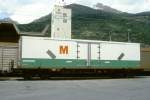 MGB exBVZ - Sbk 2752 am 21.05.1997 in Visp - Containertragwagen 4-achsig mit 1 offenen Plattform fr Migros-Container - Baujahr 1956 - ACMV583/SIG - Gewicht 9,50t - Ladegewicht: 15,00t - LP 12,90m -