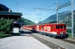 MGB FO-REGIONALZUG 326 von Brig nach Oberwald am 23.05.1993 in Grengiols mit Zahnrad-Triebwagen Deh 4/4II 92 - B 4283 - B 4284 - ABt 4157.Hinweis: Fahrzeuge noch in alter Lackierung
