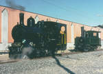 LEB/BC: Die LEB Dampflokomotiven G 3/3 8 (1910) und die G 3/3 5 (1890) in Echallens im Jahre 1998.