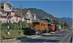 50 Jahre Blonay Chamby - MEGA BERNINA FESTIVAL: das Rhb Bernina Krokodil Ge 4/4 182 erreicht von Chaulin mit einem bunten Zug kommend Blonay.