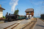 
50 Jahre BC - MEGA STEAM FESTIVAL der Museumsbahn Blonay–Chamby: 
Die HG 3/4 B.F.D.3 (Brig-Furka-Disentis, später FO - Furka-Oberalp) ist am 19.05.2018 mit ihrem Zug von Blonay in Chamby eingetroffen und wartet nun auf die Weiterfahrt nach Chaulin ins Museum.