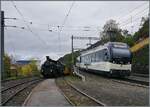 Blonay - Chamby - La Der 2026 - 60 apr�s les CEV (Saison Ende der Blonay Chamby Bahn, 60 Jahre nach dem Betriebsschluss der CEV).

Hochbetrieb in Chamby und bei bis zu 13 Z�gen pro Stunde an der Zeit: Eine Paralleleinfahrt. Der MOB ABe 4/4 9304 erreicht mit seinem PE30 2221 von Zweisimmen nach Montreux Chamby auf Gleis 1, w�hrend die BFD HG 3/4 N� 3 der Blonay Chamby Bahn mit ihrem Dampfzug 361 auf Gleis 31 ihr Ziel erreicht. 

25. Oktober 2026