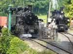 Dampflok HG 3/4 3 ( ex B.F.D / FO )und die Dampflok G 2 x 2/2 105 ( ex SEG/MEG Nebenbahn Zell - Todtnau / Deutschland ) bei der Touristikbahn BC = Blonay - Chamby oberhalb Montreux im Museumsareal der BC am 09.09.2007