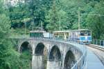 BC Museumsbahn Extrazug 51054 von (Chaulin)- Weiche nach Blonay am 23.05.1999 auf Baye de Clarens-Viadukt mit Gepckriebwagen exCGTE Fe 4/4 151 - exAL K 87 - exCGTE C4 370 - exCD C 21. Hinweis: Rckansicht

