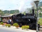 Dampflok G 2 x 2/2 105 + C 44 B.O.B der Touristikschmalspur Bahn BC = Blonay Chamby oberhalb Montreux im Blumen beschmckten Bahnhof von Blonay ..Dampflok ex SEG/MEG Nebenbahn Zell - Todtnau /