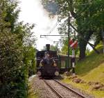 Pfingstdampf Festival bei der Museumsbahn Blonay-Chamby:  Die G 3/3 Dampftenderlokomotiven BAM Nr. 6 zieht am 27.05.2012 ihren Museumszug von Blonay vorbei an der Hippschen Wendescheibe in Richtung Museum Chaulin.