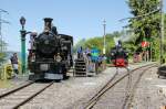 Museumsbahn Blonay-Chamby.links Dampflok HG3/4(1913)Nr.3 ex.Brig-Furka-Disentis Bahn(BFD)rechts die Mallet Dampflok G 2x2/2 Nr.105 MGB Karlsruhe 1918 beim Wasser und Kohle fassen.Chamby,Depot Chaulin