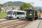 Museumsbahn Blonay-Chamby.Zahnradtriebzug Beh 2/4 Vevey-Les Pleiades und Gütertriebwagen Fe4/4 Nr.151(Tramway Geneve 1911)in Blonay.07.06.14