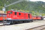 FO HGe 4/4 Nr. 36 steht während den Festivitäten zur 100 Jahre Feier Brig-Gletsch im Bahnhof Oberwald. Dahinter ein Dampfzug der DFB mit H 3/4 Nr. 3 (ex BFD) der Museumsbahn Blonay-Chamby. Aufnahme vom 14. Aug. 2014, 13:09