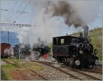 Festival Suise de la vapeur 2016: Gleich drei Blonay - Chamby Loks rangieren in Vevey, um den  Riviera Belle Epoque  Zug für die Anschlussreisenden von St-Sulpice zu formieren.