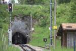 Am 26.05.2025 erscheint die Zahnraddampflok 1068 der Dampfbahn Brünig im Tunnelportal bei Chräbel.