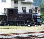 HGe 3/3 Nr. 1067 der Ballenberg-Dampfbahn wartet in Meiringen auf den nchsten Befrderungsauftrag. Aufnahme vom 21. Aug. 2012, 18:26