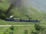 Die Dampflok Furkahorn DFB 1 zog den ersten   Zug am 24.06.2007 Fahrplanmssig von Realp   nach Gletsch.Der Zug fhrt mit Volldampf   Richtung Tiefenbach das Bild wurdekurz vor   der Wilerbrcke im