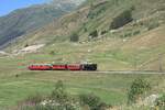 Zum Jubil�um 100 Jahre FO fuhr morgens ein Extrazug von Realp nach Andermatt um die G�ste abzuholen. Hier zwischen Realp und Hospental am 04.07.2026 im alpinen Landwirtschaftsgebiet. Andermatt hat keine Drehscheibe, daher zieht die Lok in R�ckw�rtsfahrt.