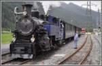 DFB 1 mit Dampfzug 160 steht in Oberwald bereit zur Rckfahrt ber die Furka Bergstrecke nach Realp.