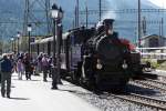 Frisch gedreht, wartet schon die HG 3/4  Furkahorn  in Oberwald mit ihrem Zug nach Realp, 2.10.11. Die Lok hat eine mehr als bewegte Vergangenheit: 1913 an die Brig-Furka-Disentis-Bahn geliefert, wurde sie 1947 nach Vietnam an die Zahnradbahn von Krong Pat nach Da Lat verkauft, um 1993 wieder an die Furka-Bergstrecke zurck zu kommen.