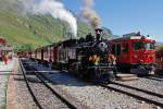 DFB-Jubilumszug steht in Realp fr die erste Bergfahrt bereit. Lok 4 ist anlsslich des 100 Jahre Jubilums prchtig geschmckt. Aufnahme vom 01. August 2013, 10:31