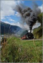 Die Furka-Bahn kommt - und das seit hundert Jahren!
HG 3/4 N°9 der DFB kurz nach Oberwald auf der Fahrt nach Gletsch.
16. August 2014