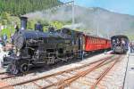 DFB (Original BFD) H 3/4 Nr. 9 fährt während den Festivitäten zur 100 Jahre Feier Brig-Gletsch auf ebendieser Strecke und bis Rehalp. Sie steht mit ihrem DFB-Zug im Bahnhof Oberwald. Aufnahme vom 17. Aug. 2014, 13:55