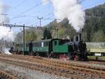 Die DVZO-Ed 3/4 2  Hinwil  (ehemals Régional Saignelégier-Glovelier, Baujahr 1903) mit den beiden Sihltalbahn-C 68 und 69 der Zürcher Museumsbahn sowie die Ed 3/3 des Vereins zur Erhaltung der Dampflok  Muni  (ehemals BASF, Ludwigshafen, Baujahr 1922) am 14. Oktober 2007 bei einem Manöver in Bauma.