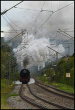 Mit Volldampf auf'n Berg: Eurovapor 23 058 dampft am 14.09.2024 mit dem GleisGlück-Sonderzug (DPE 89047 Würzburg Hbf - Geroldshausen) bei Reichenberg/Unterfranken die Steigung nach
