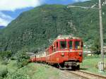 FM Extrazug 3208 fr GRAUBNDEN TOURS Castione-Arbedo - Cama vom 29.08.1997 bei Lumino mit Triebwagen BDe 4/4 491 - ABe 4/4 42 - B 21 - B 2060 - A 1102. Hinweis: die grnen Stammnetzwagen wurden nur bis Grono mitgenommen und dort fr eine zuvor im Misox noch nie gesehene Kompo bentigt.