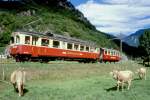 FM Extrazug 3209 fr GRAUBNDEN TOURS Cama - Castione-Arbedo vom 29.08.1997 bei San Vittore mit Triebwagen ABe 4/4 42 - B 21. Hinweis: Bei so einem Motiv wurde auerplanmig natrlich sofort ein Halt eingelegt, fr die mitfahrenden Fotografen und Filmer der Zug extra nochmals zurckgesetzt.  