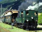 FM Dampfextrazug 3213 fr GRAUBNDEN TOURS von Grono nach Castione-Arbedo vom 29.08.1997 nach Ankunft in Castione-Arbedo mit Dampflok G 3/4 1 - B 2060 - A 1102. Hinweis: Nahaufnahme der Stammnetzkompo, die zuvor noch nie im Misox eingesetzt war. Vergleichen Sie auch mal die Aufnahme an gleicher Stelle mit Landschaft in Hochformat. Aufnahmen mit der Rhtia (lteste Dampflok der RhB) waren hier nur wenige Wochen mglich!  