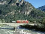 FM Lschzug fr GRAUBNDEN TOURS 3215 von Cama nach Castione-Arbedo vom 29.08.1997 auf der Moesabrcke bei Roveredo mit Triebwage BDe 4/4 491 - Xk 8609. Hinweis: der Lschzug folgte den vorrausfahrenden Dampfextrazug in kurzen Sichtabstand