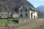 SEFT Nachschau 2014,Ein Strassenbauprojekt in Roveredo und andere Gründe machten der Museumsbahn im Misoxer Tal den Garaus.Letzten Herbst fuhr hier der letzte Zug.Im Bild die ehem.BM/RhB Station San Vittore.Eine 106 jährige Bahngeschichte ist zu Ende.29.03.14